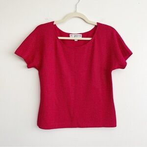 St John red knit blouse top embellished bling sparkle rhinestone quiet luxury P